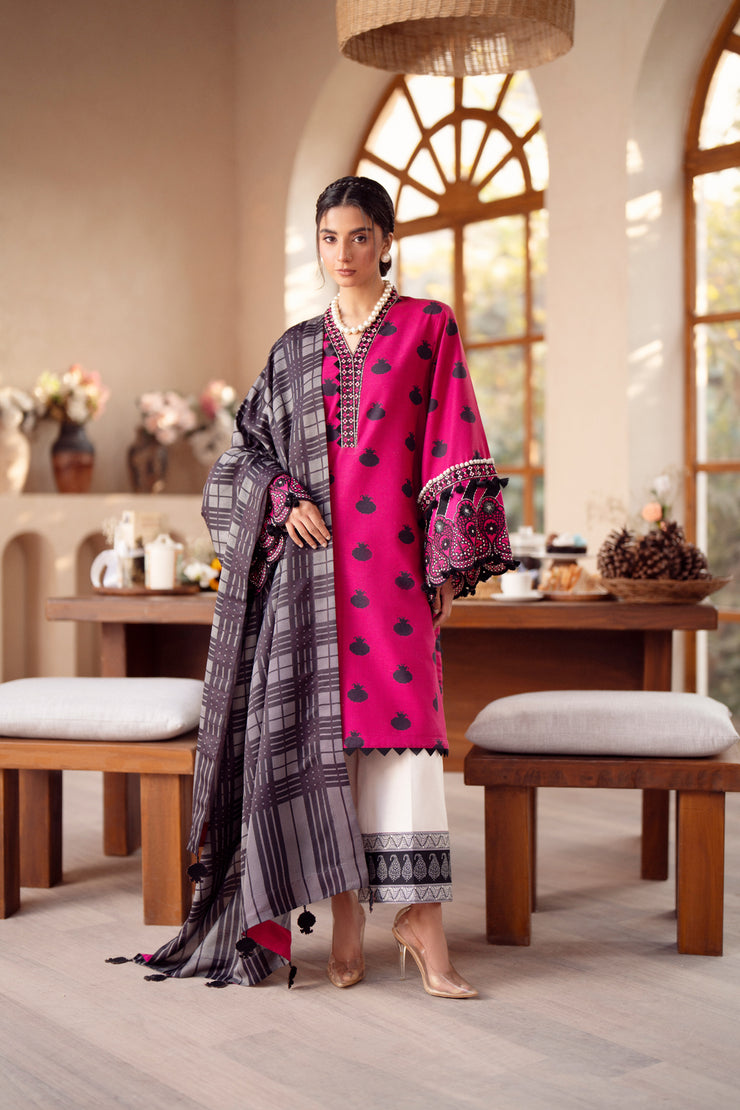 3 Piece - Printed & Embroidered Khaddar Suit - AU-06